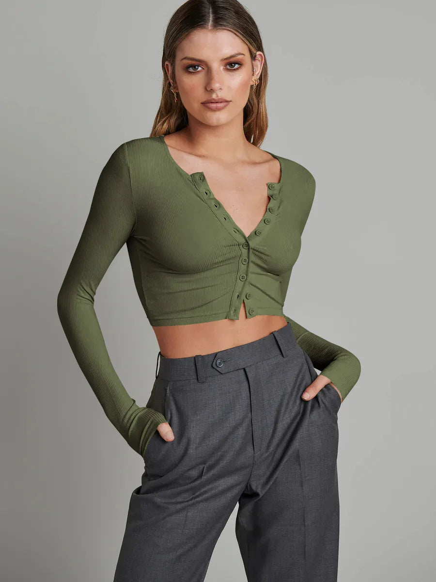 Button Ribbed Fashion Women's Short Slim Tops Tunic Pull White Sexy V-Neck Dark Green 724GoShop