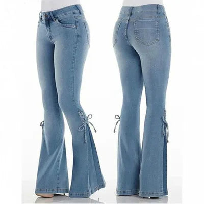 Ladies Jeans Mid-Waist Lace-Up Denim Trousers Stretch 1 724GoShop