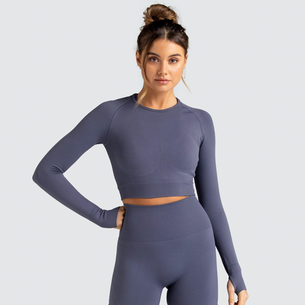 Seamless Pure Color Fitness Slim Breathable Tops Yoga Sports Gym Tight Long Sleeve Shirt For Women 724GoShop