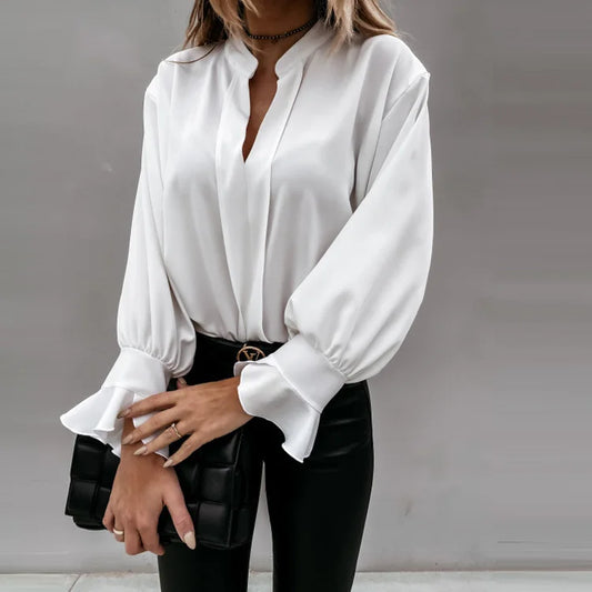 Long sleeve office lady blouse women shirt solid white chiffon formal bow women tops 724GoShop