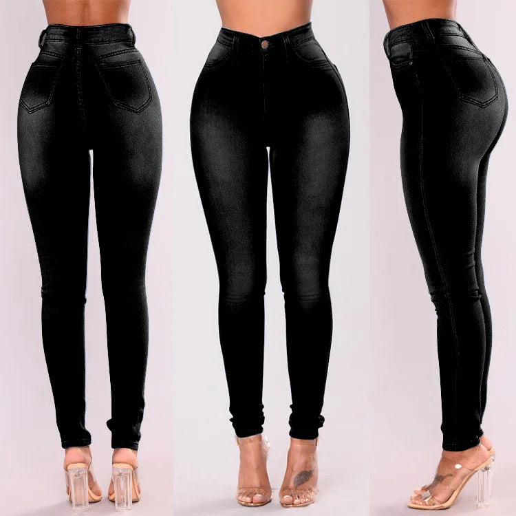 Women Elastic Stretch Jeans High Waist Solid Color Trousers Skinny Jeans Denim Pants 724GoShop