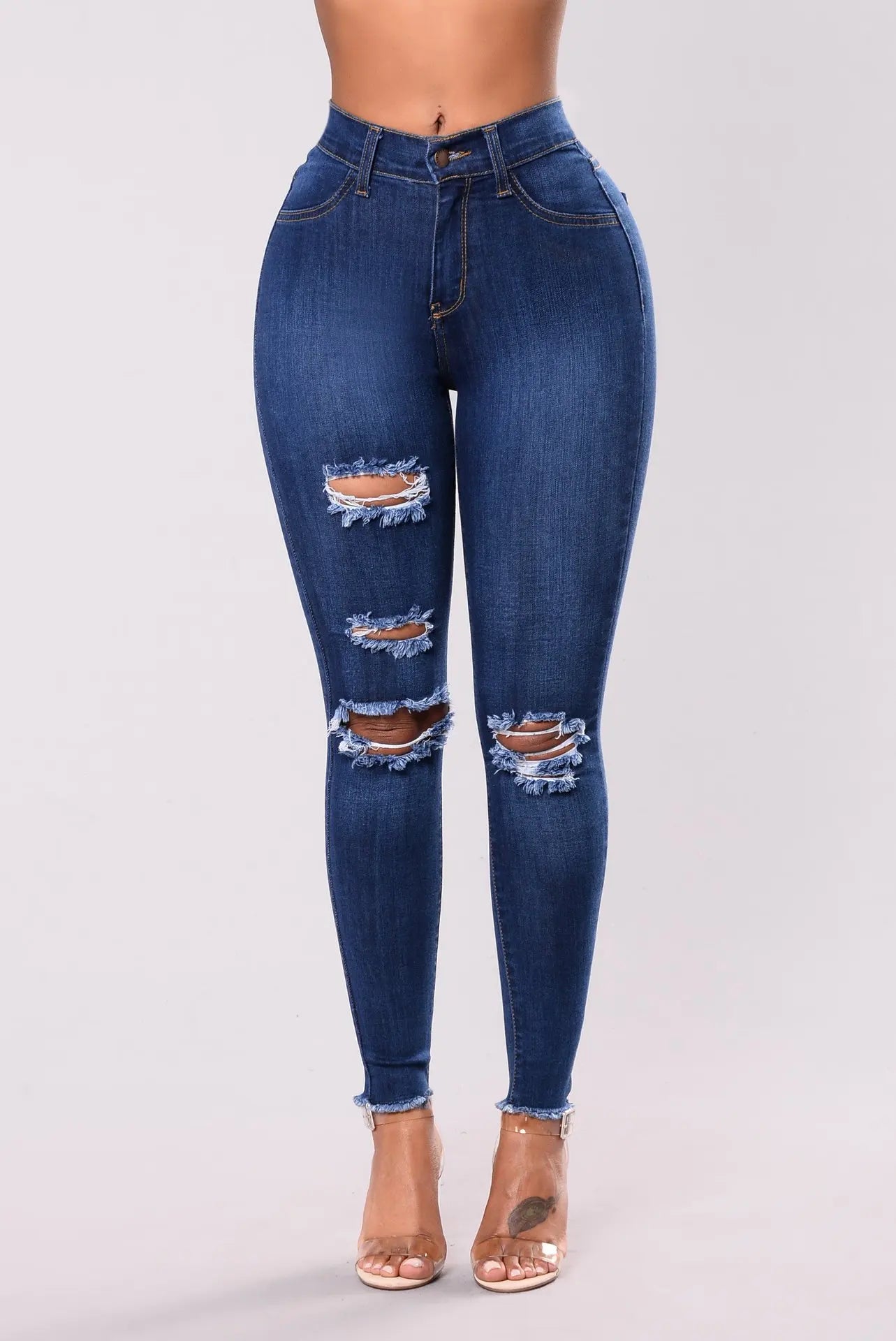 Stretchy Skinny Jeans High Quality Fashion Frayed Hem Women's Ripped Mid Rise Denim 3 724GoShop