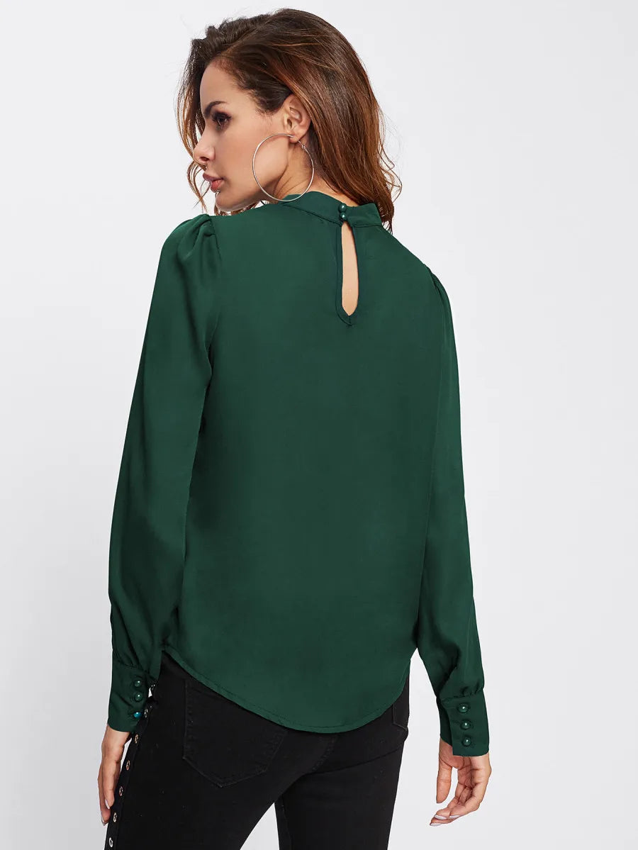 Women Long Sleeve Blouses Lady Loose Casual Chiffon Shirt Tops Blouse green 724GoShop