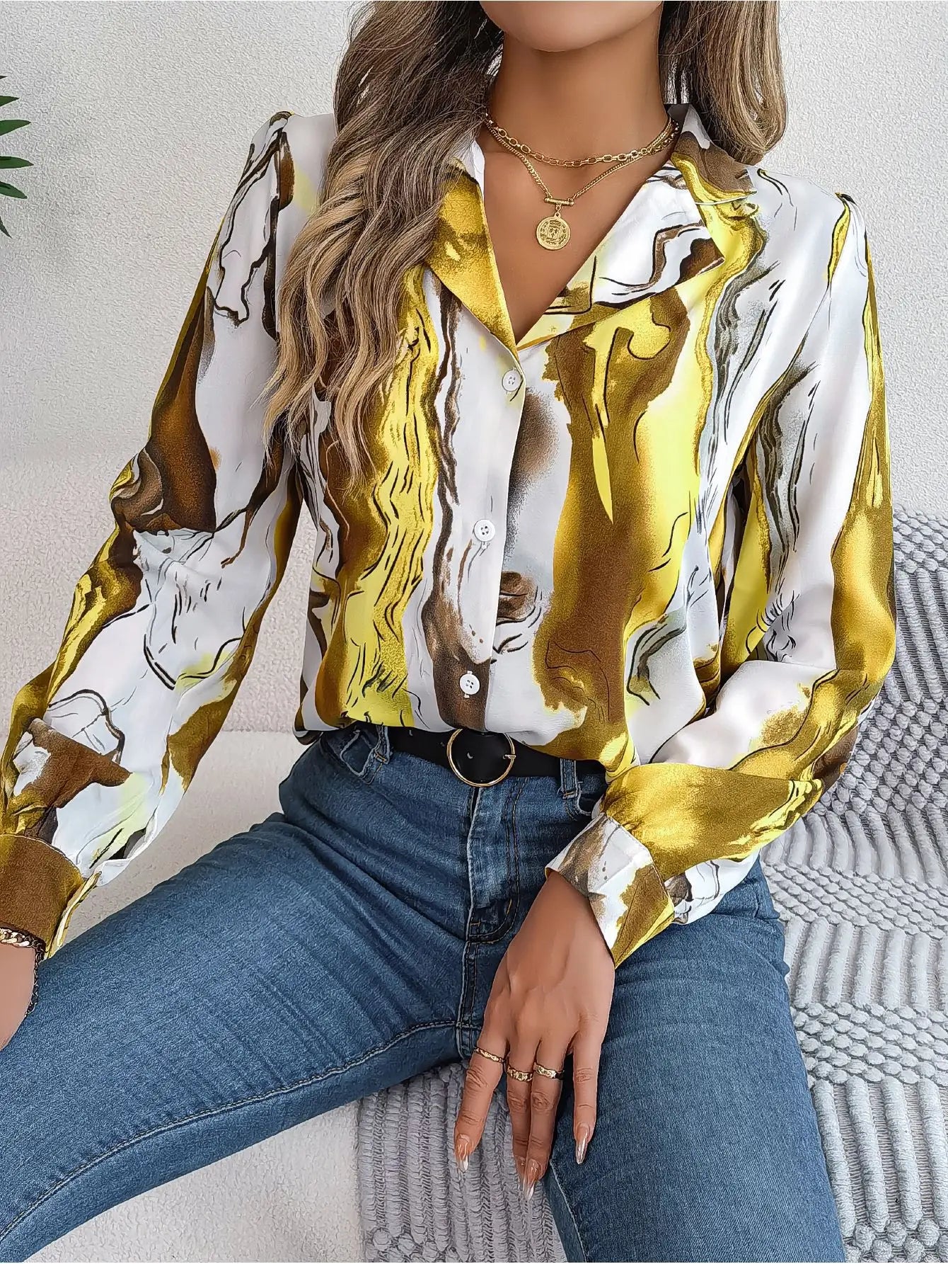 top women blouse casual contrasting printed striped blazer collar long sleeve ladies shirt 724GoShop