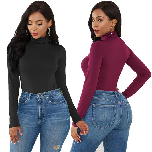 Amazon's sexy elastic long-sleeve high-necked slim-fitting inside and outside T shirt top 724GoShop