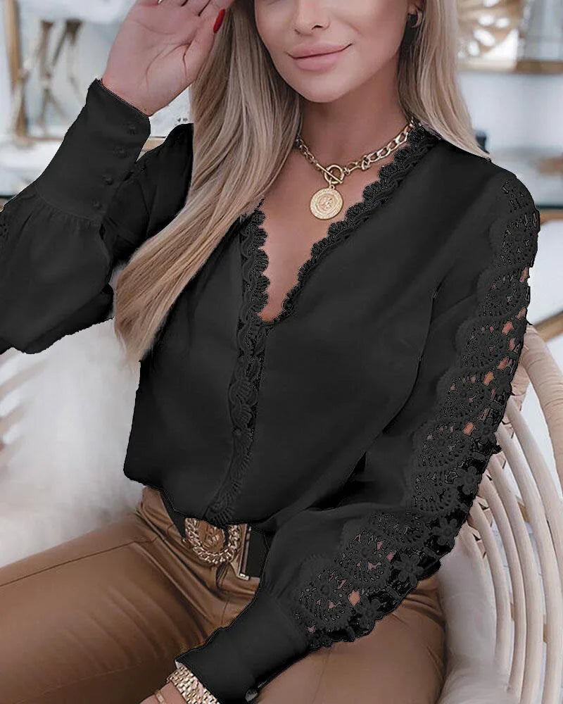 Long Sleeve V-neck Lace Stitching Shirts Office Lady Elegant Solid Color Temperament Blouse 724GoShop