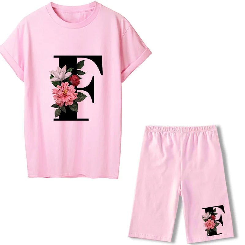 Short Sleeve Graphic Tee Black Letter Floral Tshirt Women T Shirt And Shorts 2 Pieces Set Outfits F 724GoShop