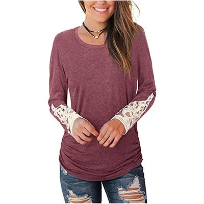 O Neck Lace Sleeves Pleated Women's T Shirt Top Tees Casual ladies Tshirt 7 724GoShop