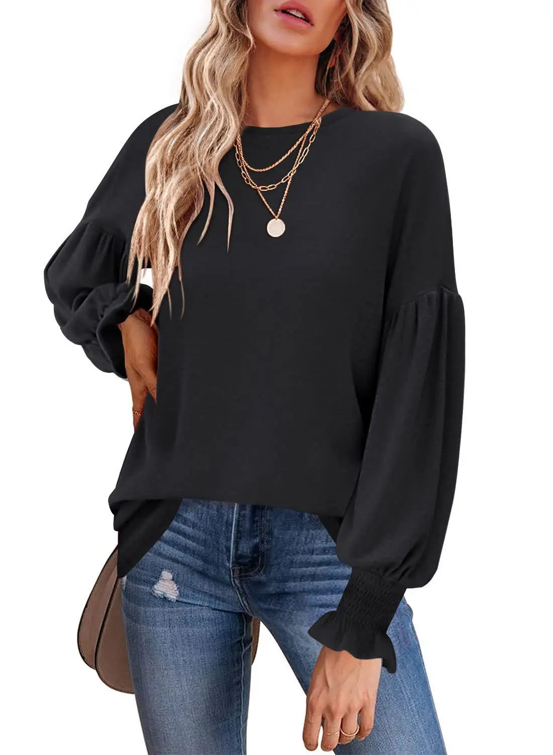 Women Clothes Lantern Long Sleeve Pullover Slim T Shirts Tops Black 724GoShop