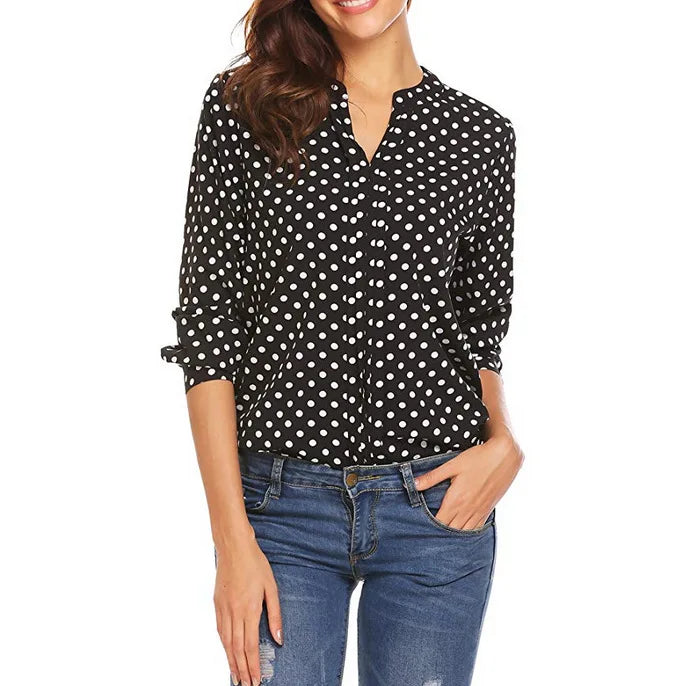 Women Polka Dot Printed V-neck Long Sleeve Roll Sleeve Loose Blouse Black 724GoShop