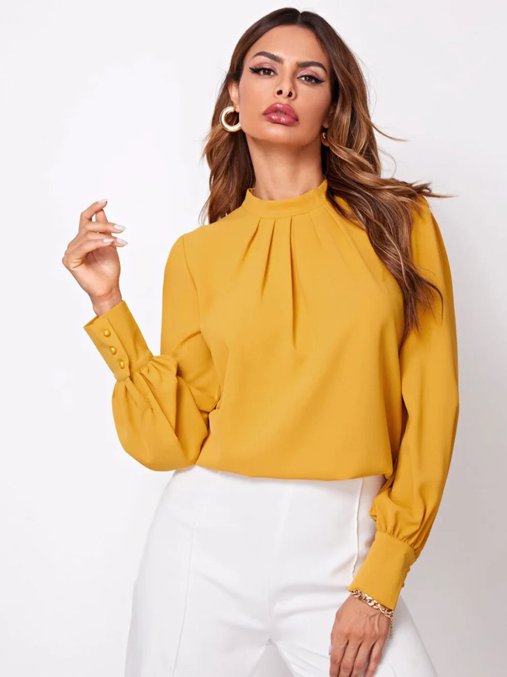 Women Long Sleeve Blouses Lady Loose Casual Chiffon Shirt Tops Blouse Gold 724GoShop