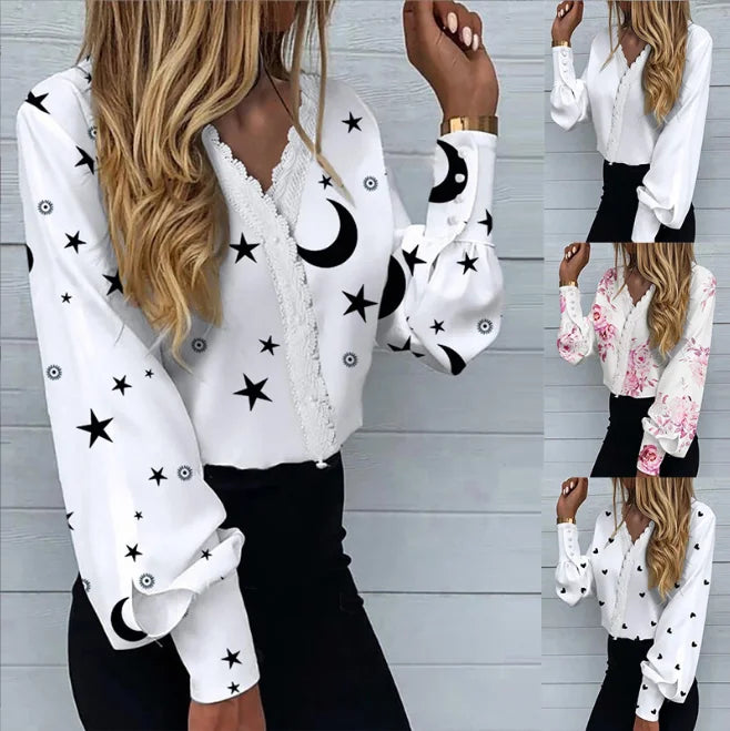 Hot New Fashion Women Top And Blouse Elegant Lace Floral Print Casual Shirts Long 724GoShop