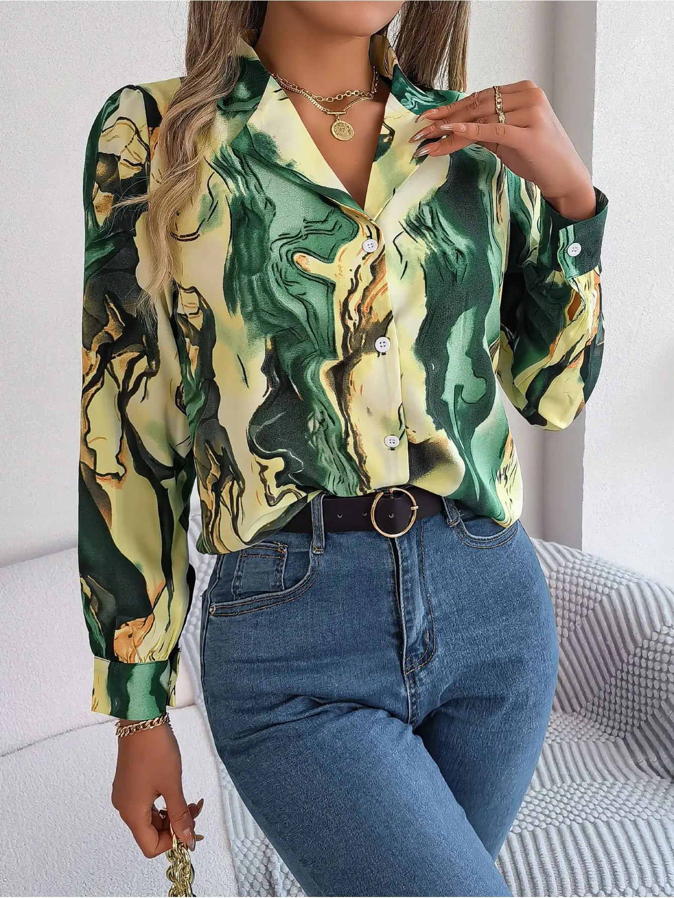 top women blouse casual contrasting printed striped blazer collar long sleeve ladies shirt green 724GoShop