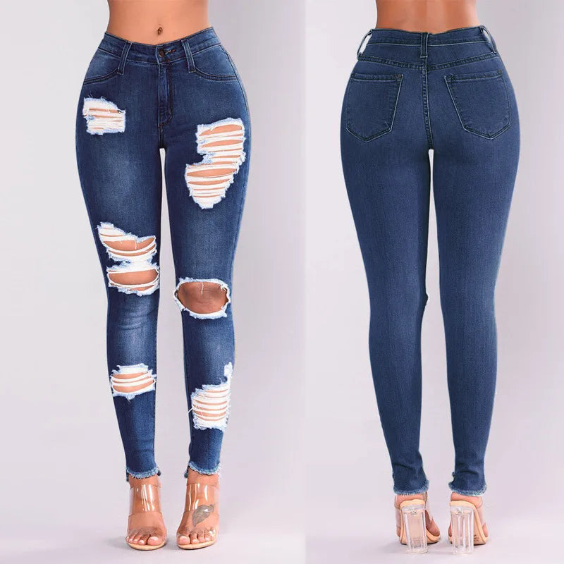 Women High Waist Hip Lifting Ripped Denim Slim Fit Denim Jeans 724GoShop