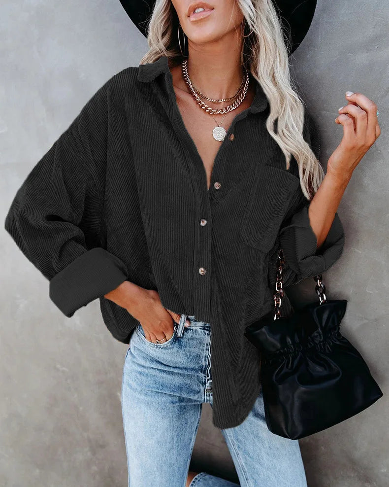 women long sleeve blouse solid color casual coat shirt Black 724GoShop