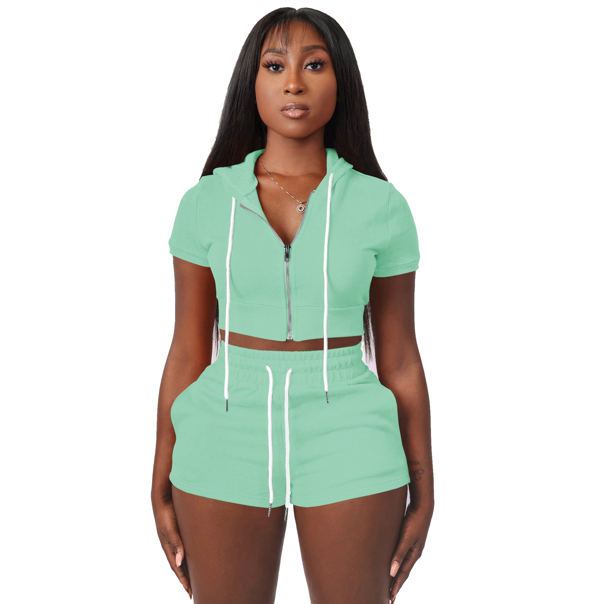 Short Set Women's Two Piece Sports Crop Top Hoodie Jogger Set green 724GoShop