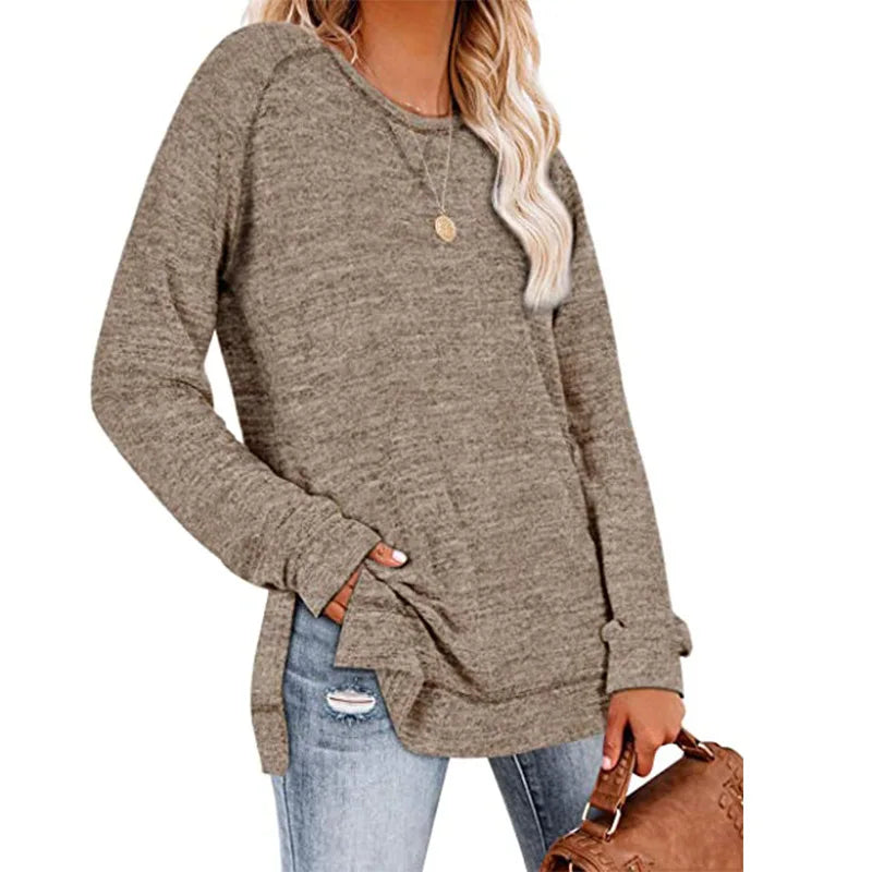 T Shirt Fashion Long Sleeve Womens Crewneck Sweatshirts Sweaters Khaki 724GoShop