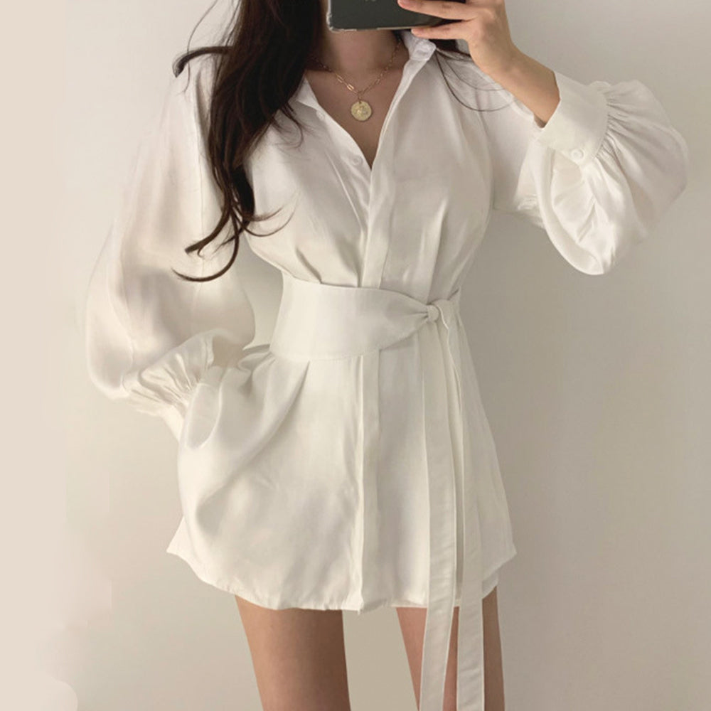 Women Long Shirts with Belt Solid Color Puff Long Sleeve French Lapel V-neck Loose Button Lady Tops Casual Shirt 724GoShop