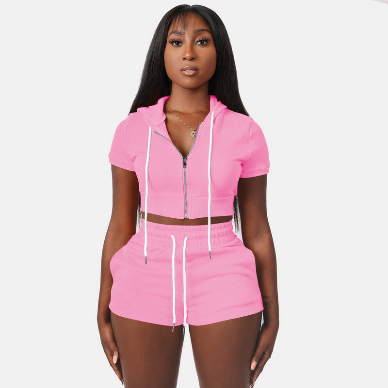 PASUXI women Hoodie Two Set Zip Crop & Sweat Shorts Pink 724GoShop