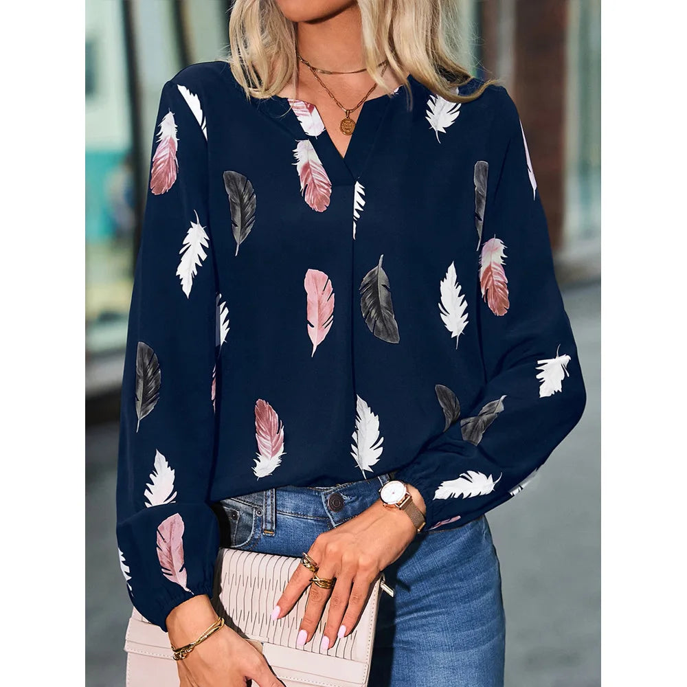 new ladies V neck feather print long sleeve loose fitting plus size women's shirt tops Blue 724GoShop