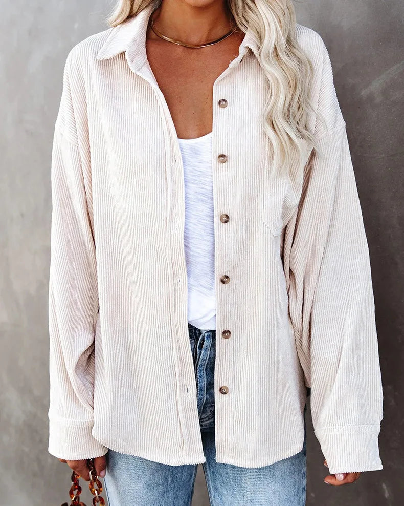 women long sleeve blouse solid color casual coat shirt White 724GoShop