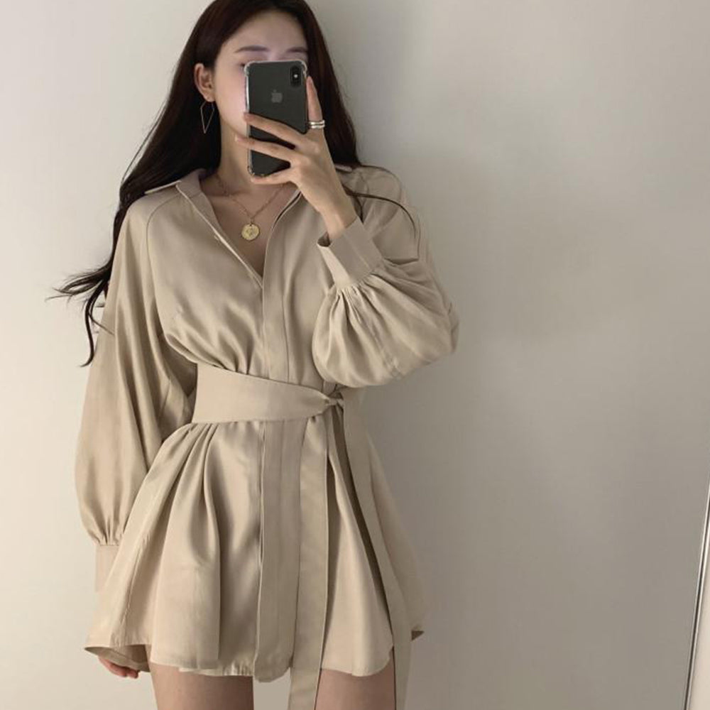 Women Long Shirts with Belt Solid Color Puff Long Sleeve French Lapel V-neck Loose Button Lady Tops Casual Shirt 724GoShop