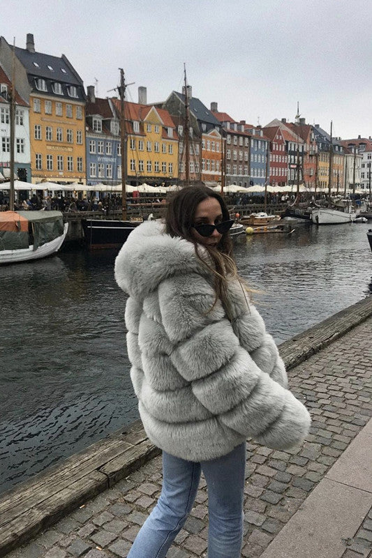 Women winter clothes fashion casual thickened warm fur coat long-sleeve hooded women coats light grey 724GoShop