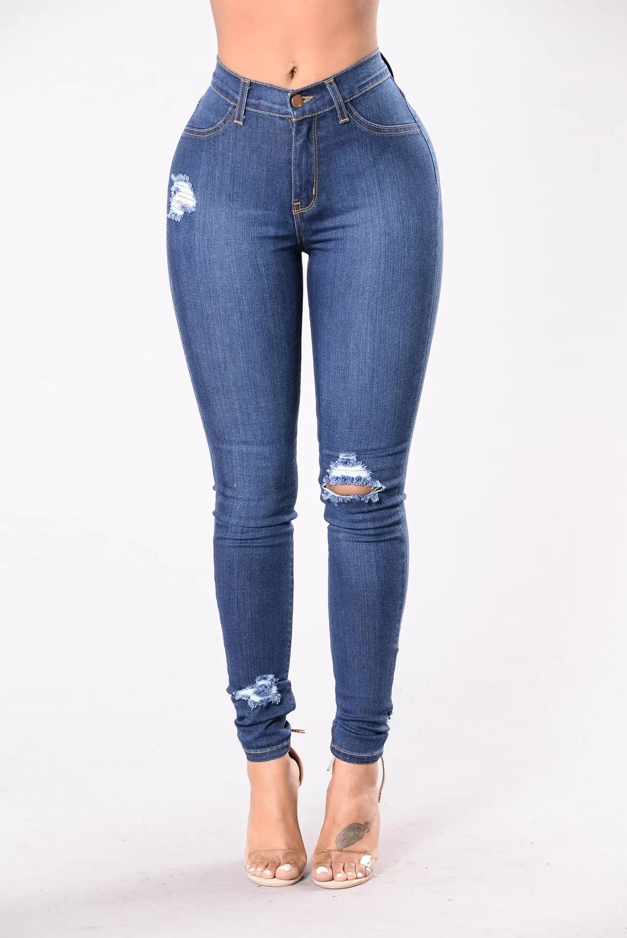 Stretchy Skinny Jeans High Quality Fashion Frayed Hem Women's Ripped Mid Rise Denim 1 724GoShop