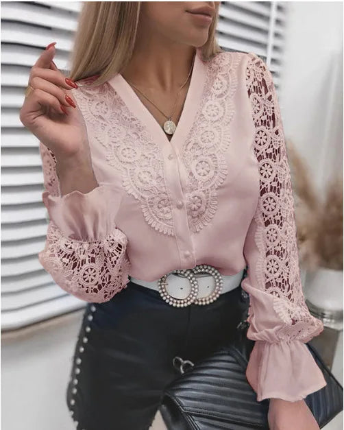 Women Clothing Casual Loose Balloon Sleeve Ladies Crinkle Blouse Tops Pink v neck 724GoShop