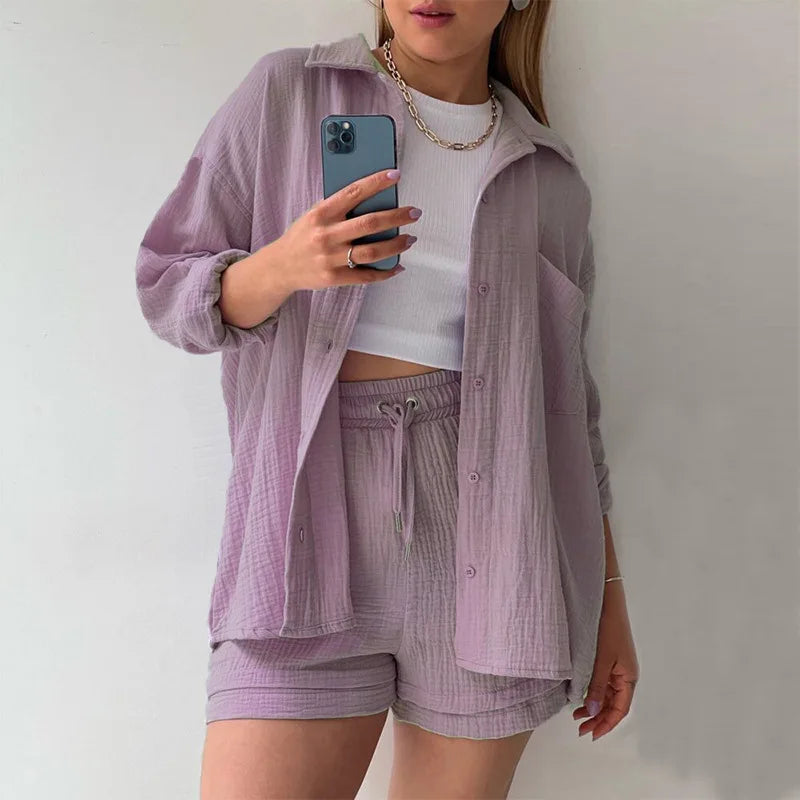 Female Sets Suit Casual Sleepwear Biker 2 Two Pieces Shorts Set Women Purple 724GoShop