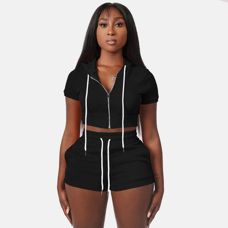 PASUXI women Hoodie Two Set Zip Crop & Sweat Shorts Black 724GoShop