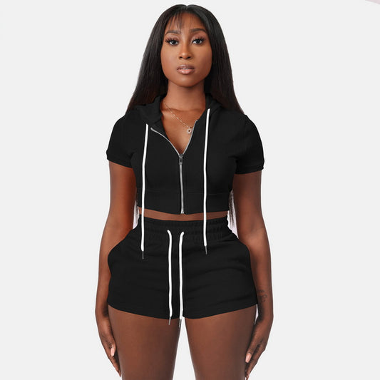 PASUXI women Hoodie Two Set Zip Crop & Sweat Shorts Black 724GoShop