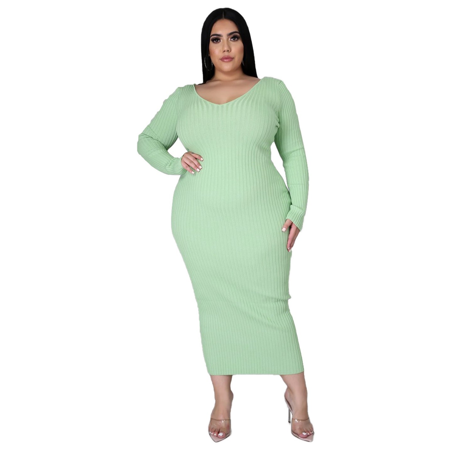 ZHEZHE Winter autumn fashion long sleeve knitted dress plus size 5XL women sweater dresses casual green 724GoShop