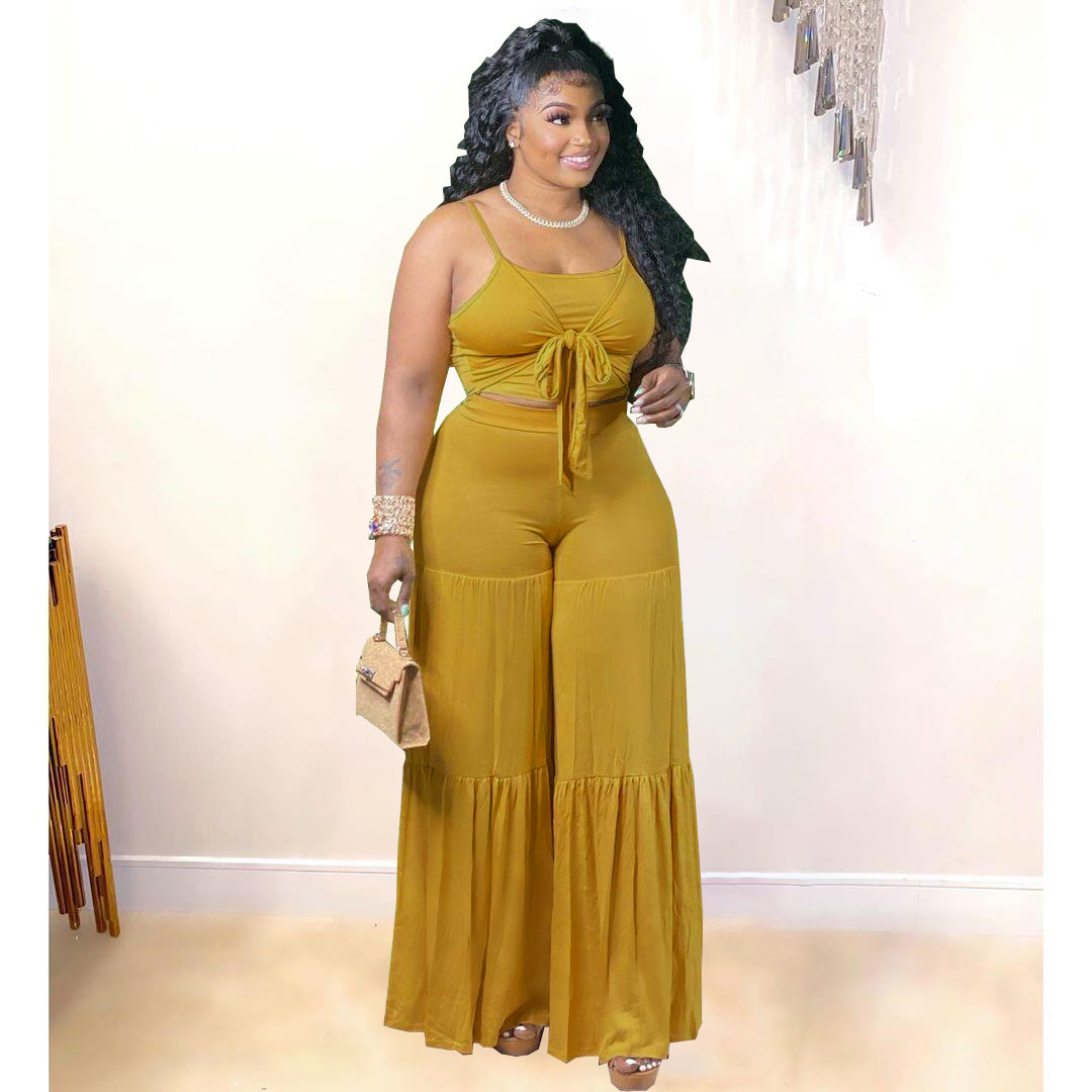 trendy casual plus size women clothes clothing dropshipping 2022 summer tank top and flare pants two 2 piece set fat lady outfit 724GoShop