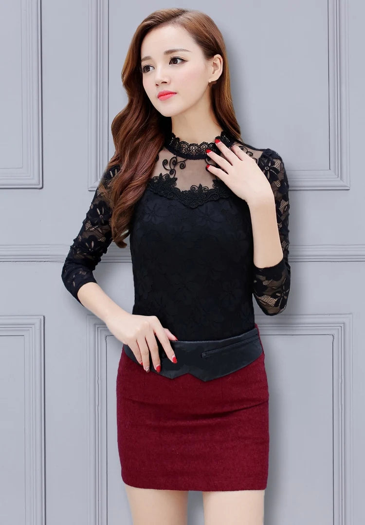 Women's Lace Stand Mandarin Collar Base Long Sleeve Outwear Lady's Elegant Blouse Tops Shirt 724GoShop