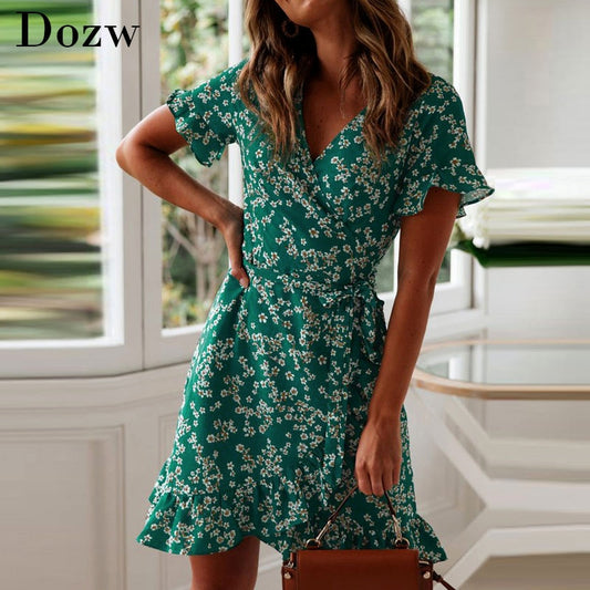 Women Dresses Summer 2020 Sexy V Neck Floral Print Boho Beach Dress Ruffle Short Sleeve A Line Mini Dress Wrap Sundress Robe 724GoShop