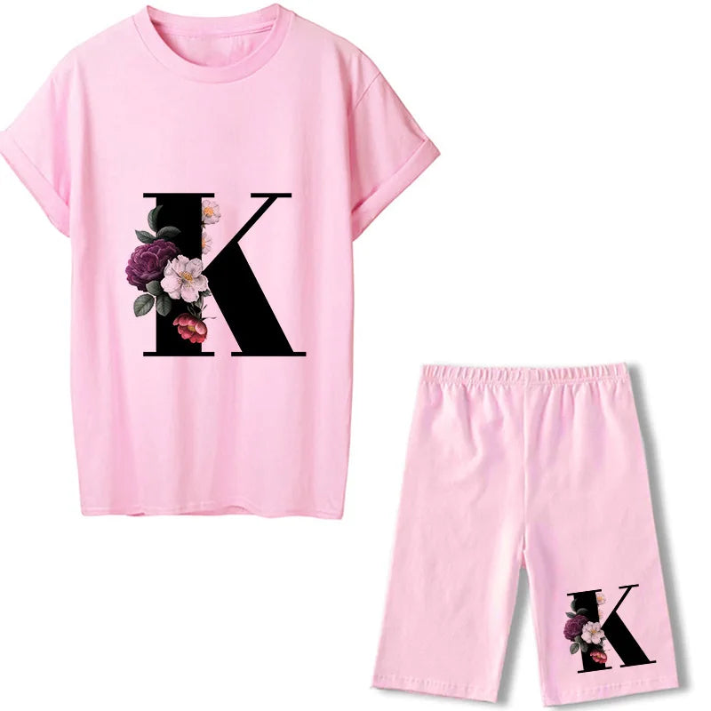 Short Sleeve Graphic Tee Black Letter Floral Tshirt Women T Shirt And Shorts 2 Pieces Set Outfits K 724GoShop