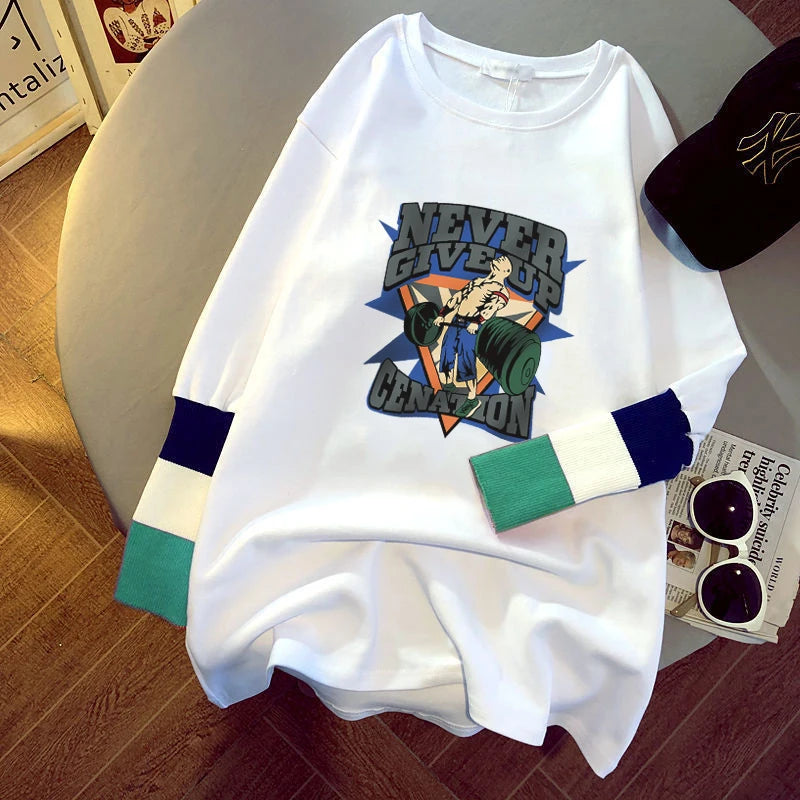 new women's blouse cartoon printing stitching sleeves white long-sleeved T-shirt ladies casual pullover C6333# 724GoShop