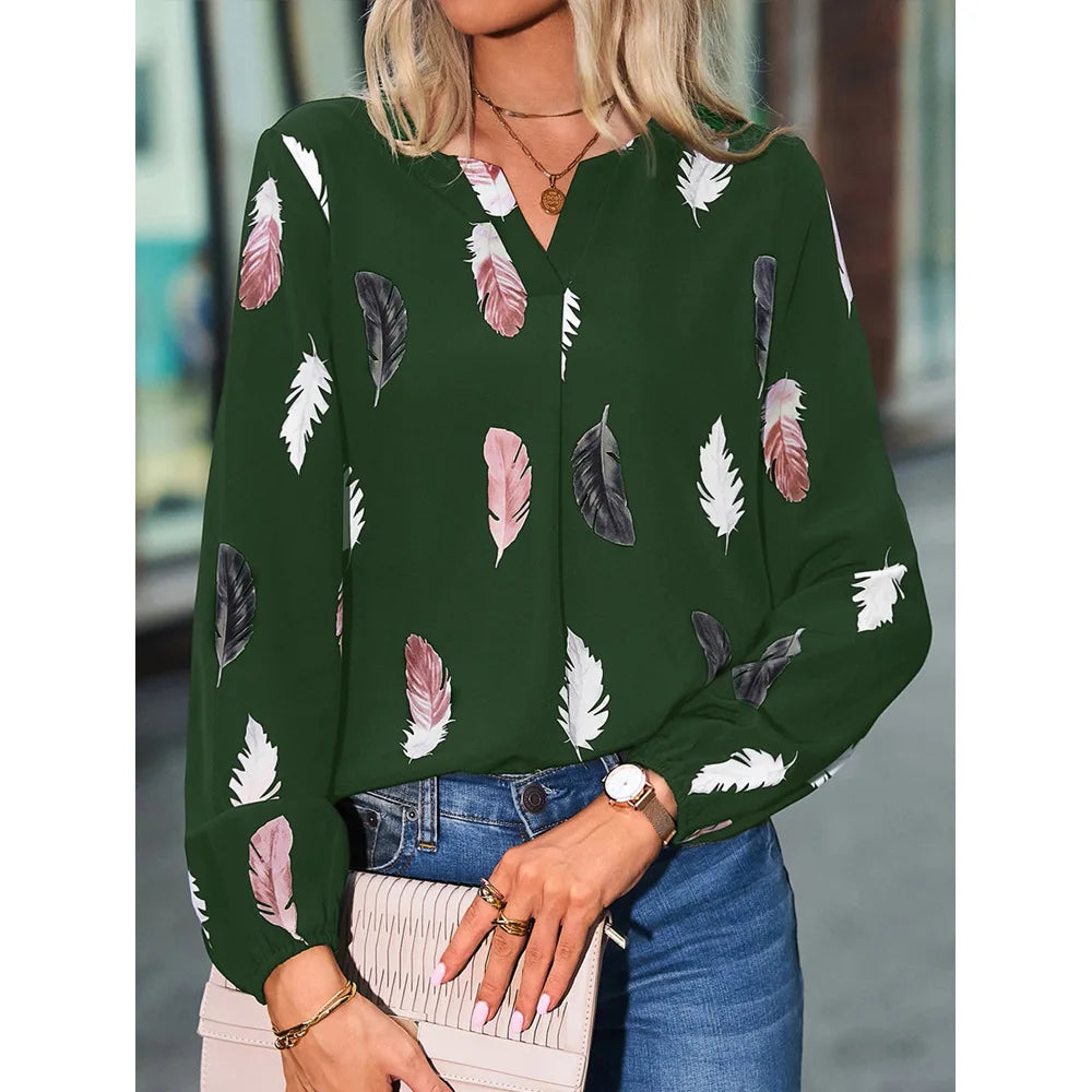 new ladies V neck feather print long sleeve loose fitting plus size women's shirt tops green 724GoShop