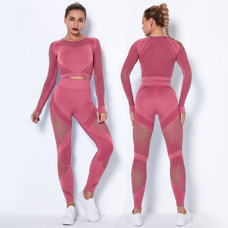 Women High waist Fitness Leggings Sport Set Tracksuit Workout Long Sleeve Seamless Yoga Clothes 724GoShop