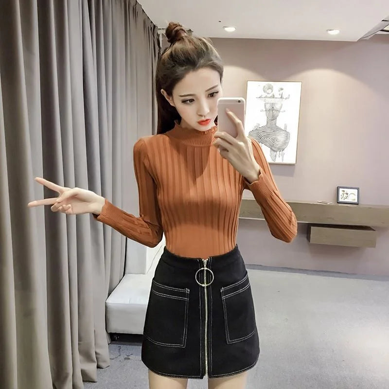 High Neck Office Lady Base Shirt Long Sleeve Thin Knitted Sweater 724GoShop