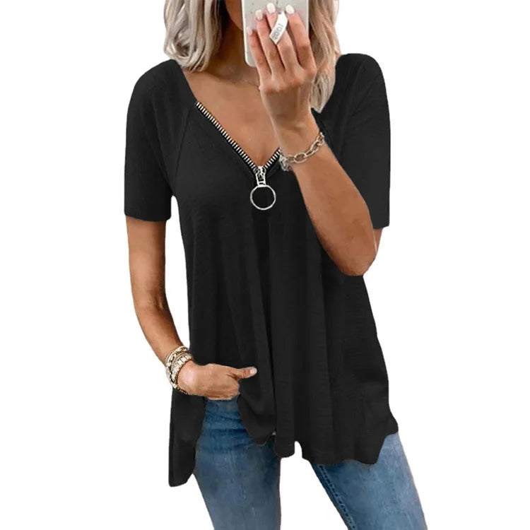 Plus Size Women Short Sleeve T-shirt Zipper Loose Women's Top Clothing Te Shirt 1 724GoShop