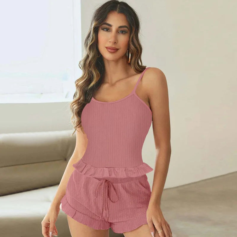 Casual Woman Sleepwear Rib Cami Shorts Sexy Pajamas Set for Women F2 724GoShop