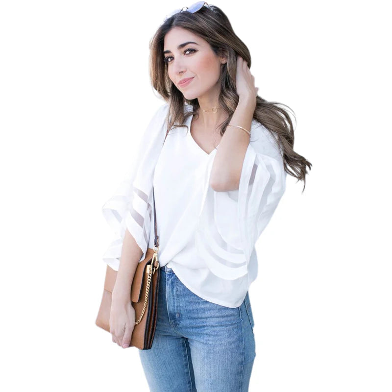 Women Solid Color Short Sleeve Loose V-neck Mesh Matching Flare Sleeve Tops T-shirt White 724GoShop