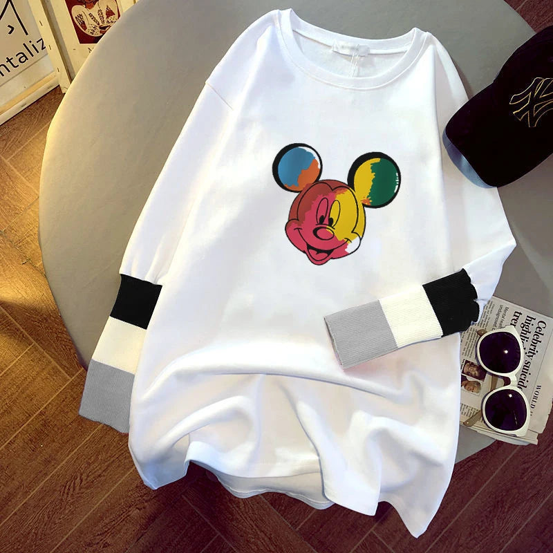 new women's blouse cartoon printing stitching sleeves white long-sleeved T-shirt ladies casual pullover 8322# 724GoShop