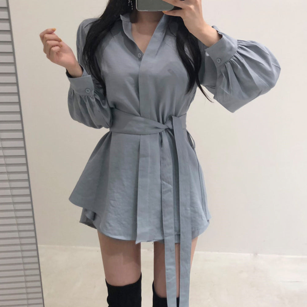 Women Long Shirts with Belt Solid Color Puff Long Sleeve French Lapel V-neck Loose Button Lady Tops Casual Shirt 724GoShop