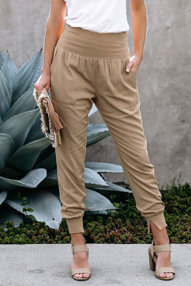 Women High Waist Stretchable Long Trousers Khaki1 724GoShop