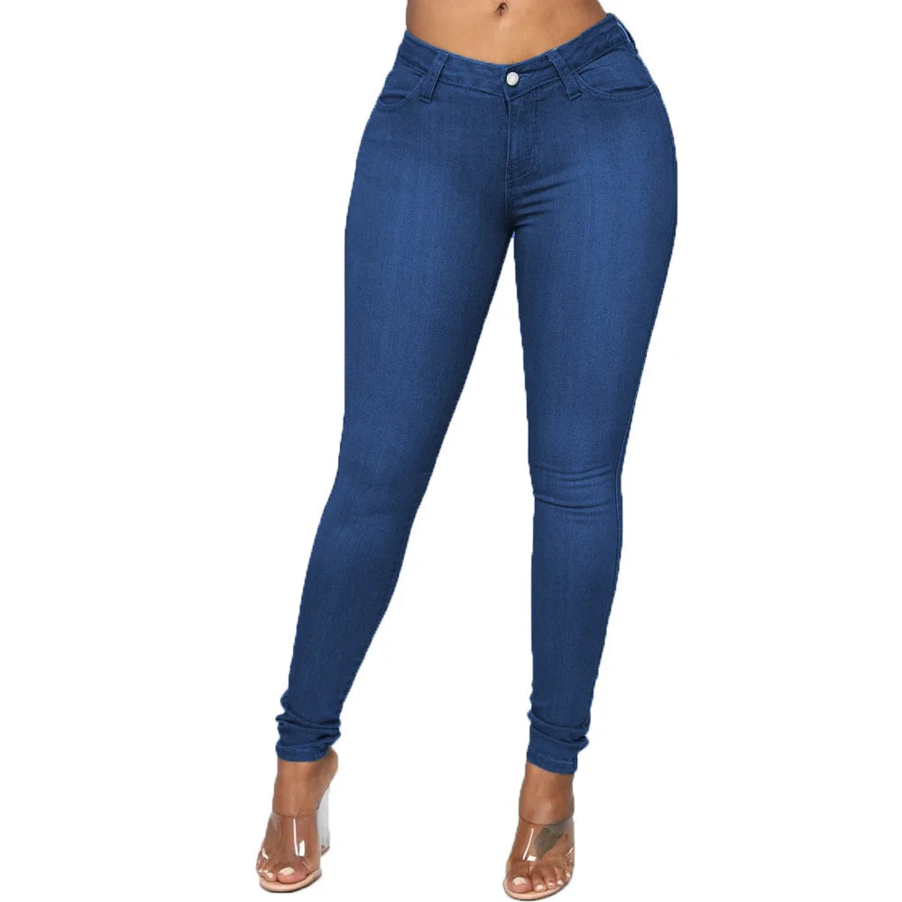 Women Elastic Jeans Denim Pants High Waist Solid Color Trousers Women Pencil Pants Skinny Jeans Dark blue 724GoShop