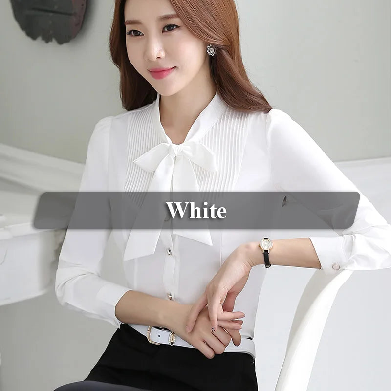 Tie Shirts for Women Color Pleated Blouse Office Lady Bow Female Tops Chemise White 724GoShop