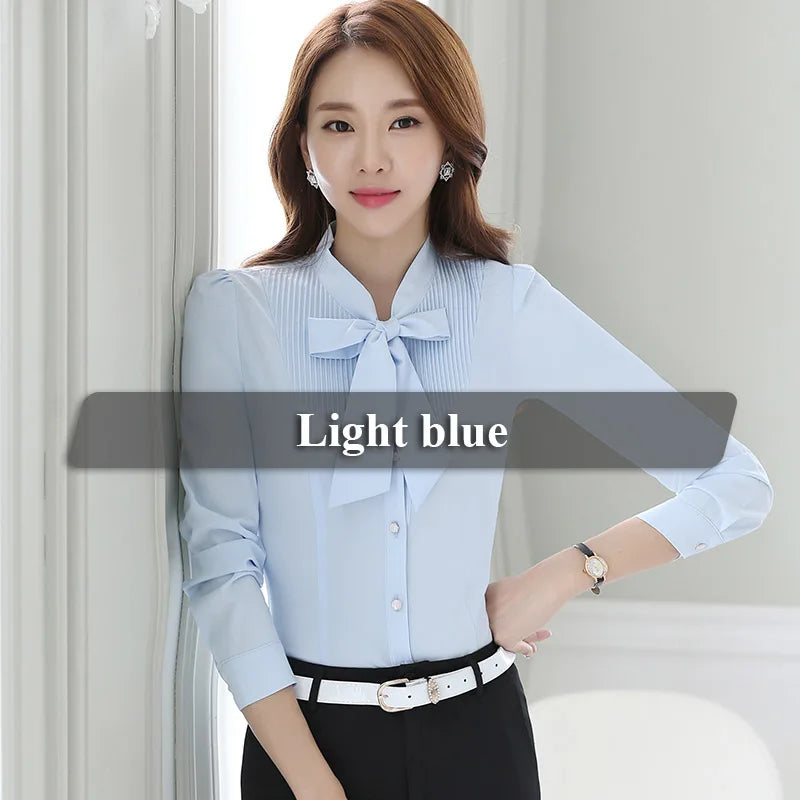 Tie Shirts for Women Color Pleated Blouse Office Lady Bow Female Tops Chemise Light Blue 724GoShop